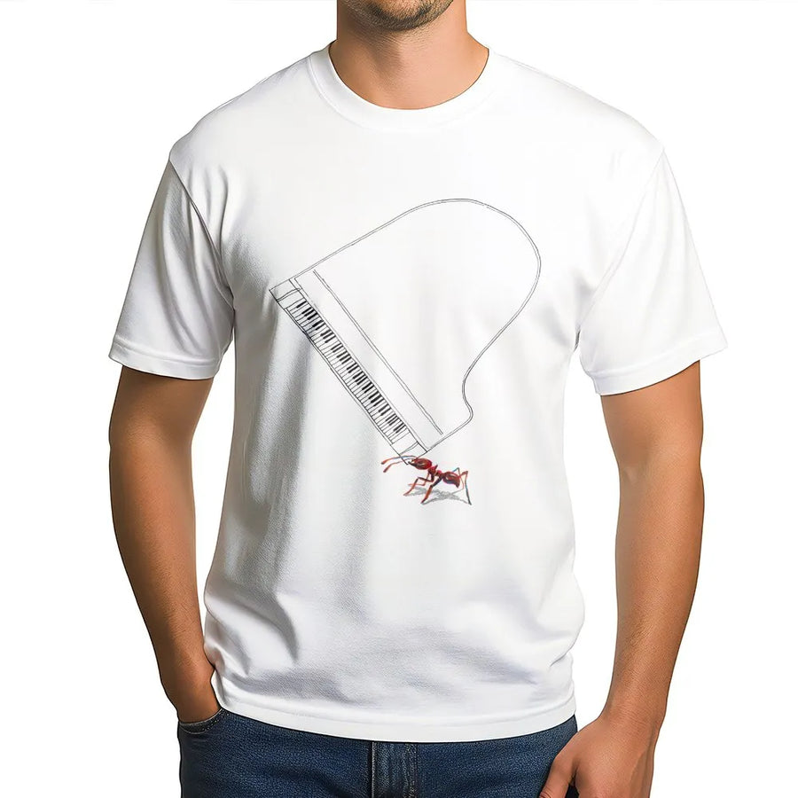 Ant Lifting Piano T-Shirt | Surreal Minimalist Line Art Graphic | Premium Cotton-Blend Sweatshirt | Gift for Musician or Pianist