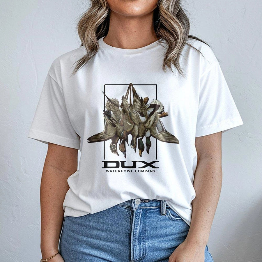 Dux Waterfowl Hunting T-Shirt | Hanging Duck Graphic Apparel | 100% Premium Cotton Tee | Gift for Duck Hunters and Outdoorsmen