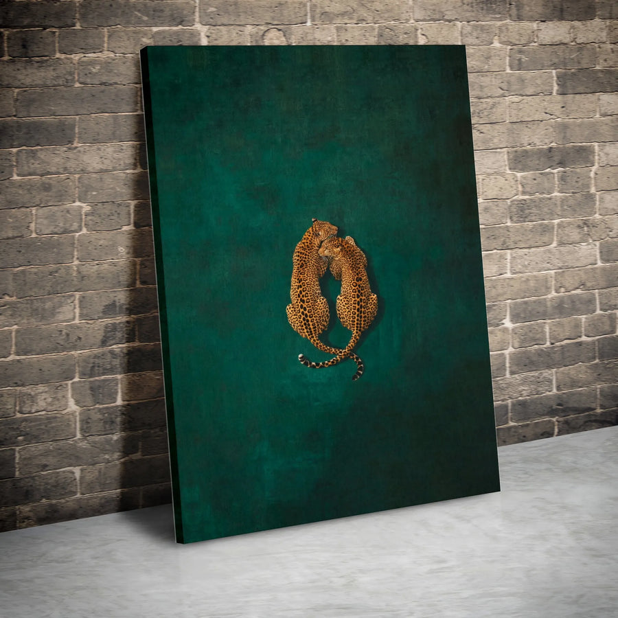 Leopard Couple Canvas Wall Art | Vintage Wildlife Painting on Dark Green Background | Premium Gallery Wrapped Canvas | Unique Home Decor Gift for Animal Lovers