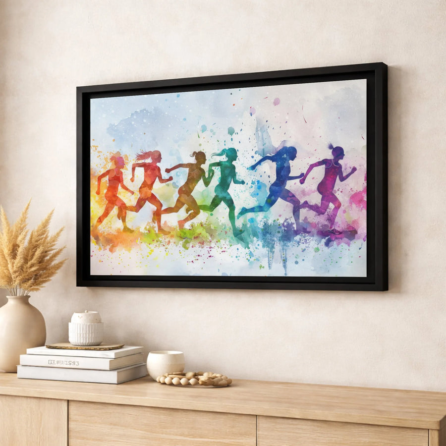 Female Runner Canvas Wall Art | Rainbow Watercolor Silhouette Print | Premium Gallery Wrapped Decor | Gift for Marathon Runner & Athlete