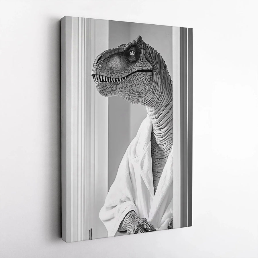 Funny T-Rex in Bathrobe Canvas Wall Art | Surreal Bathroom Decor | Premium Gallery Wrap Print | Whimsical Dinosaur Gift for Men and Kids