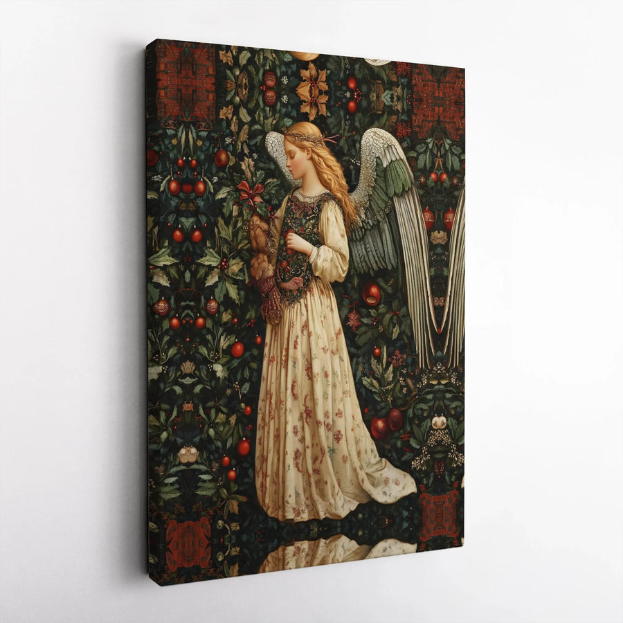 Christmas Angel Wall Art | Arts and Crafts Style Foliage Print | Premium Gallery Wrapped Canvas | Holiday Home Decor Gift