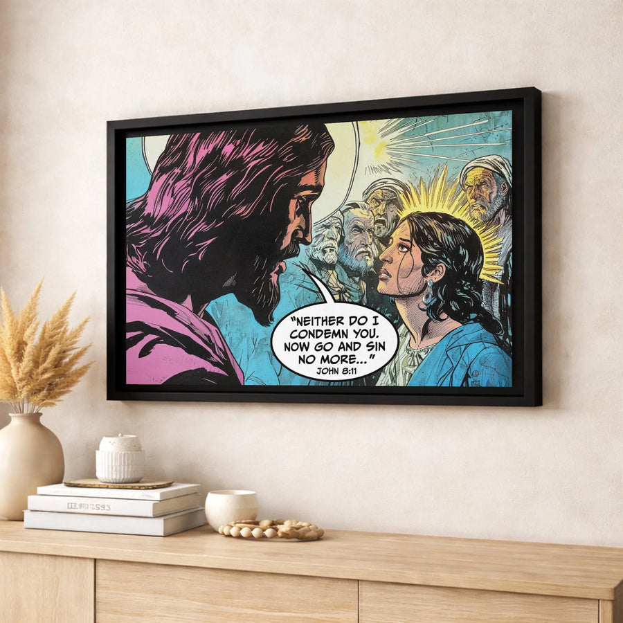 Jesus and Woman Comic Art Canvas | John 8:11 Bible Verse Wall Decor | Premium Gallery Wrap Print | Christian Religious Gift for Home Office