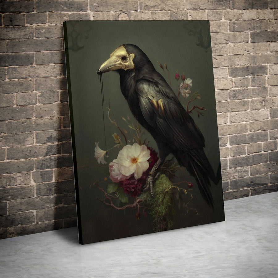Gothic Raven Canvas Wall Art | Dark Academia Gold Skull Crow & Floral Print | Premium Gallery Wrapped Canvas | Moody Goth Home Decor Collector's Gift