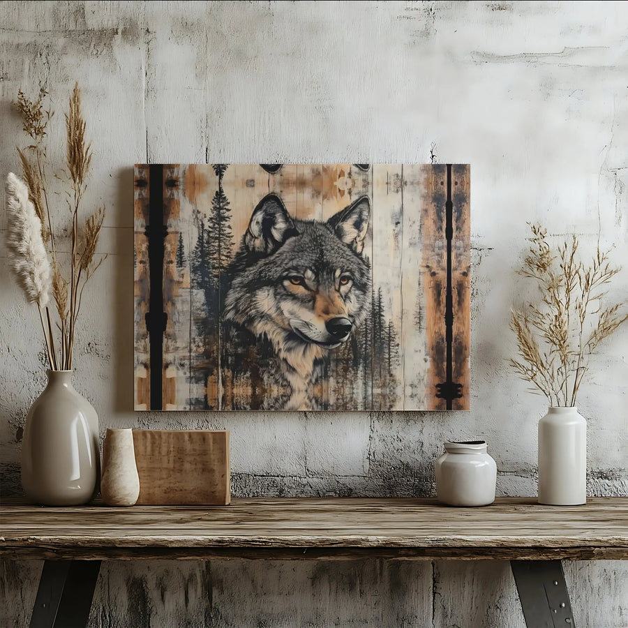 Wolf Wall Art | Rustic Pine Forest Canvas Print | 1.25 Inch Premium Gallery Wrap | Wildlife Home Decor for Living Room Gift