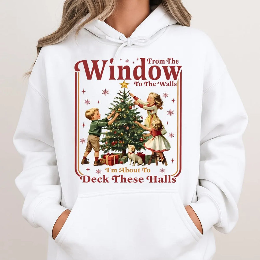 Funny Christmas Hoodie | Retro Deck The Halls Graphic Sweatshirt | Premium Cotton Blend | Holiday Party Gift for Men and Women