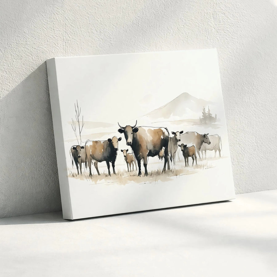 Farmhouse Cattle Canvas Print | Watercolor Cow Painting with Calves | Premium Gallery Wrapped Canvas | Rustic Country Home Decor Gift