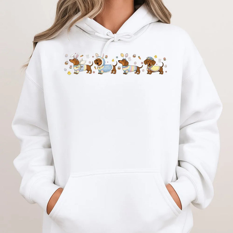 Dachshund Easter Hoodie | Vintage Spring Dog Graphic Art | Premium Cotton Blend | Cute Sausage Dog Gift For Animal Lovers