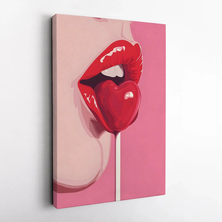 Pop Art Lips Canvas Print | Heart Lollipop Aesthetic Wall Art | Premium 1.25-Inch Gallery Wrap | Modern Bedroom & Living Room Decor