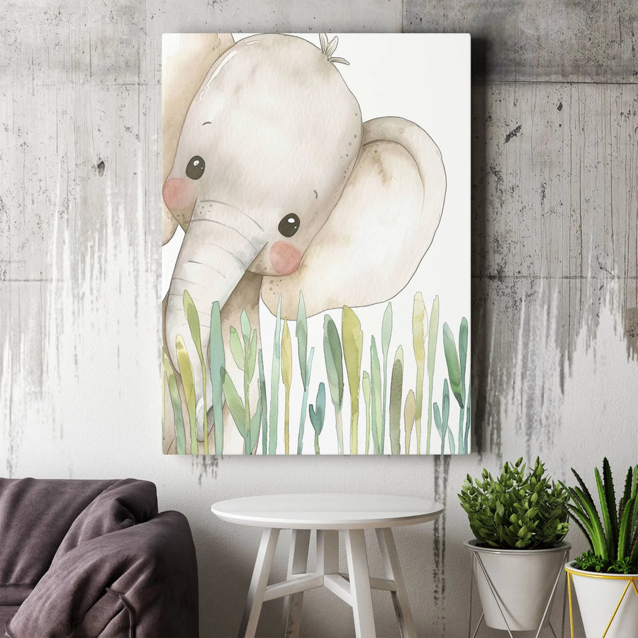 Baby Elephant Canvas Wall Art | Watercolor Safari Animal Painting | Premium Thick Gallery Wrap Canvas | Gender Neutral Nursery Decor Gift for Kids Room