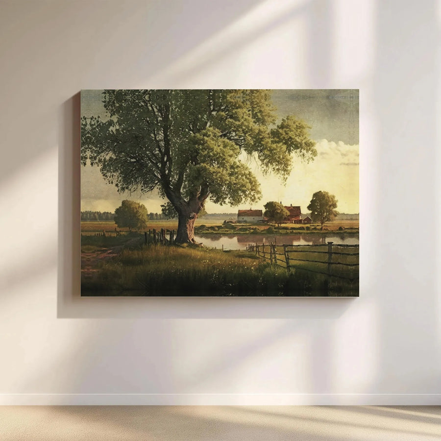 Rustic Countryside Canvas Wall Art | Serene Pastoral Landscape Painting | Premium Gallery Wrapped Canvas | Farmhouse Living Room Decor Gift
