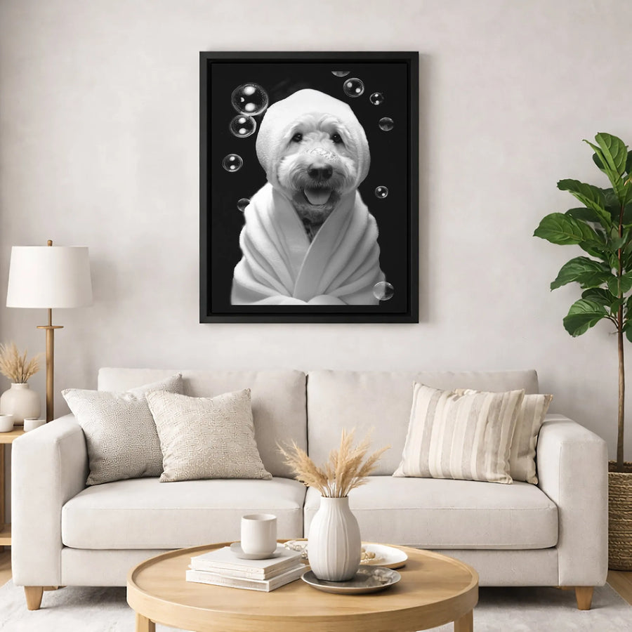 Dog In Bathrobe Canvas Print | Whimsical Pet Portrait With Soap Bubbles | Premium 1.25-Inch Gallery Wrap | Funny Bathroom Wall Art Decor