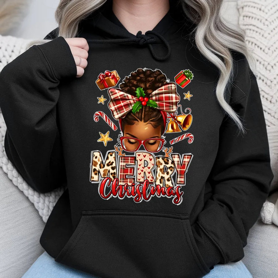 African American Merry Christmas Hoodie | Afrocentric Holiday Bun Graphic | Premium Cotton Blend | Black Queen Gift for Women