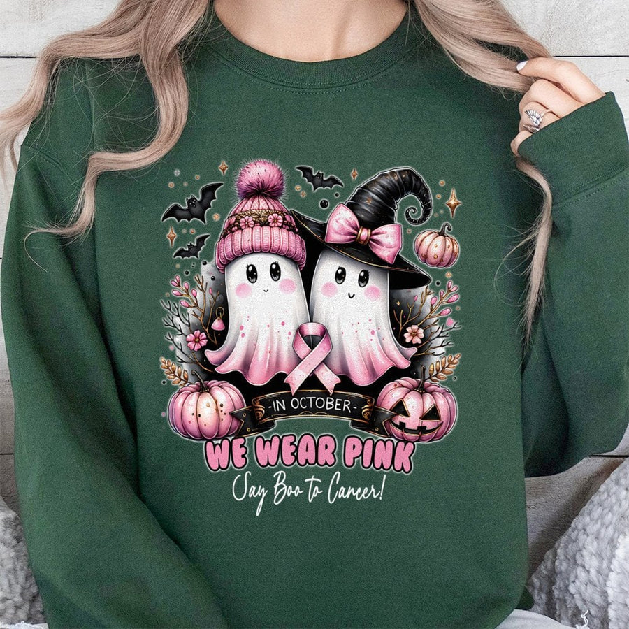 Breast Cancer Awareness Sweatshirt | Halloween Ghost Pumpkin Design | Premium Cotton Blend | October Pink Ribbon Gift for Women & Survivors