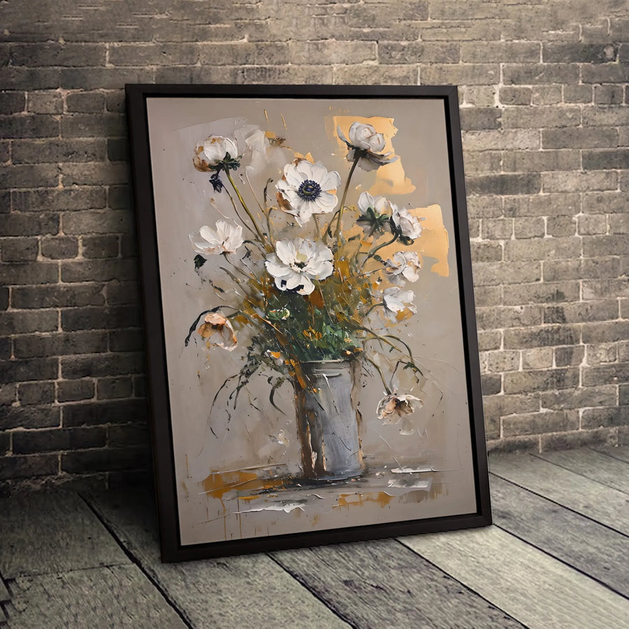 Abstract White Flower Canvas Wall Art | Gold Leaf Botanical Painting | Premium Gallery Wrapped Print | Modern Living Room Decor Gift