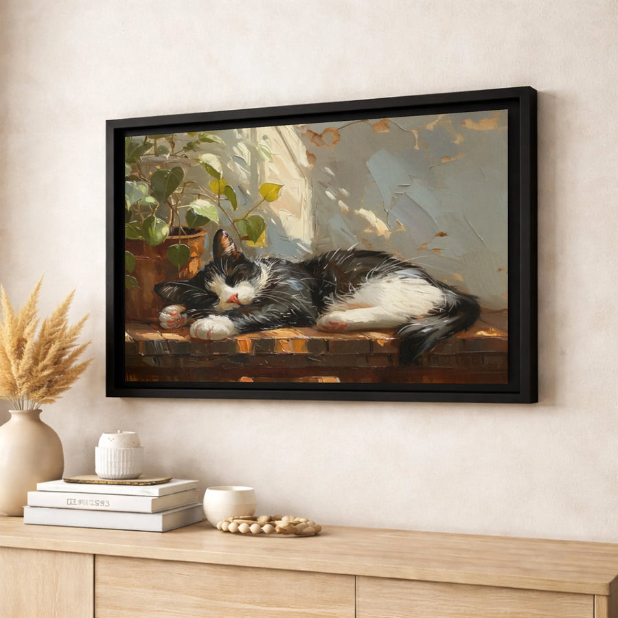 Sleeping Cat Canvas Wall Art | Impressionist Black and White Kitty in Sunlight | Premium 1.25-inch Gallery Wrapped Print | Cat Lover Home Decor Gift