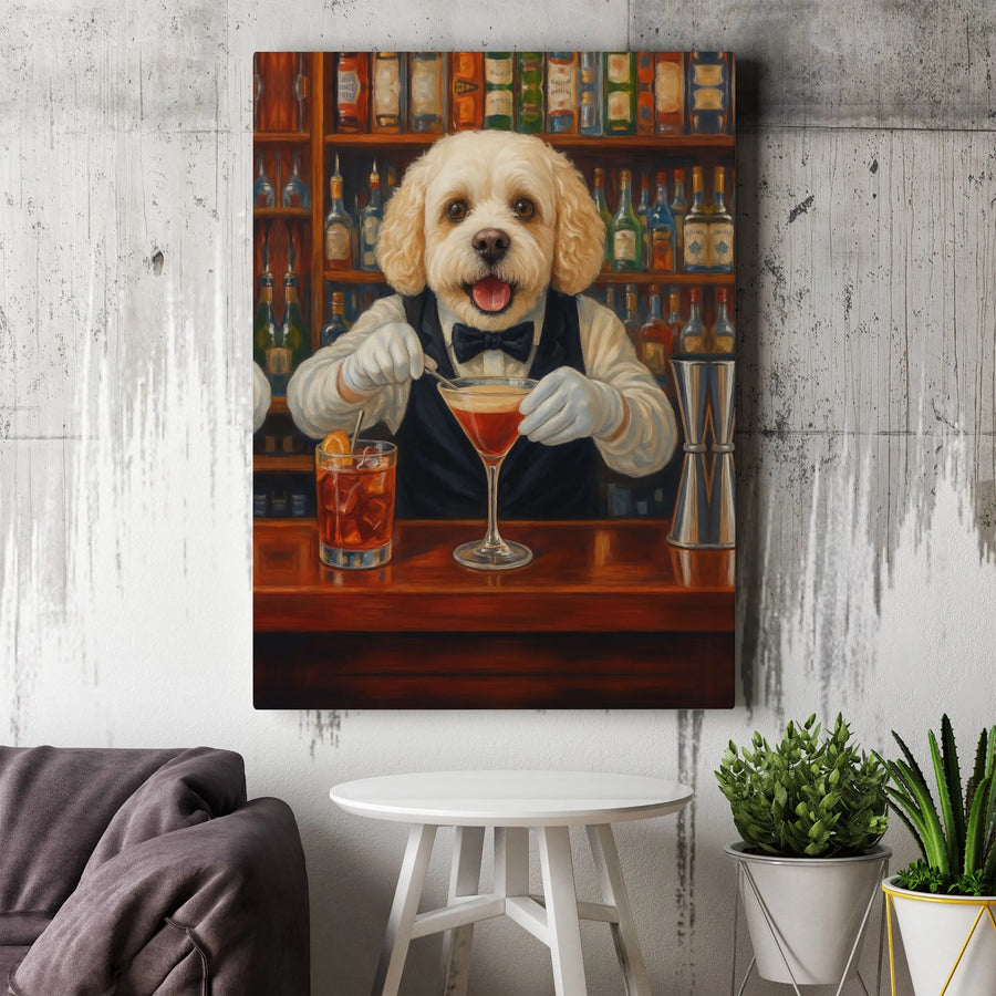 Dog Bartender Canvas Wall Art | Whimsical Cocktail Mixing Dog Portrait | Premium 1.25" Gallery Wrap | Unique Home Bar Decor Gift for Dog Lovers