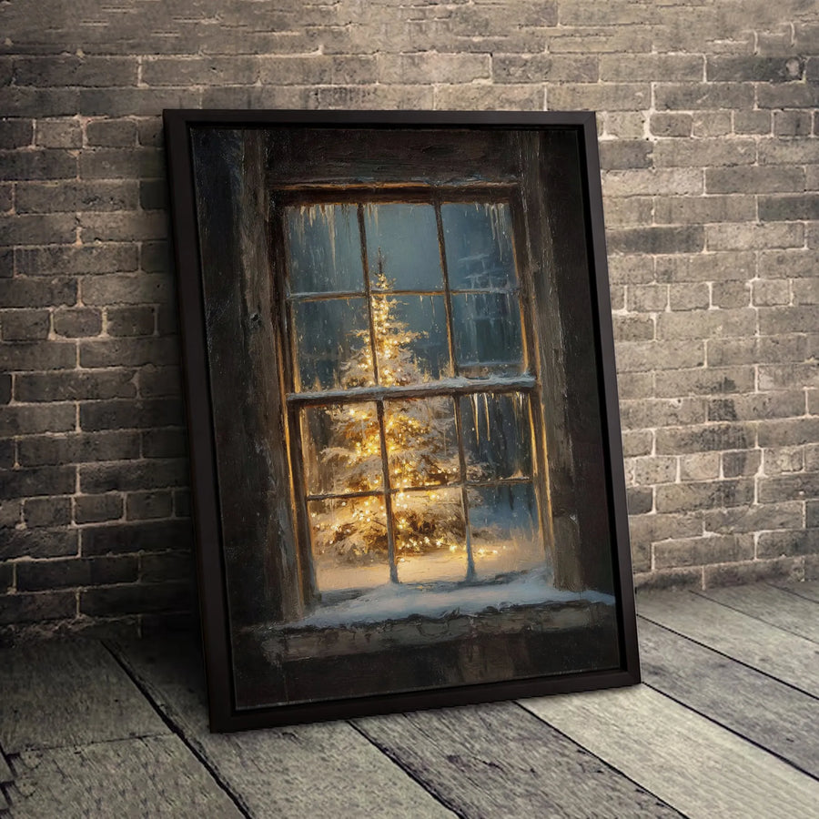 Christmas Tree Wall Art | Snowy Window Winter Landscape | Premium Gallery Wrapped Canvas | Cozy Holiday Home Decor Gift