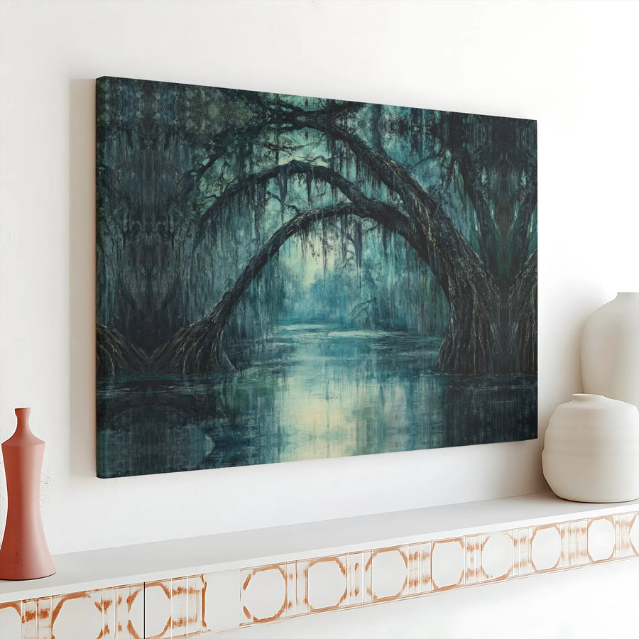 Mysterious Bayou Swamp Canvas Wall Art | Dark Moody Cypress Forest Landscape | Premium Gallery Wrap Print | Gothic Home Office Decor