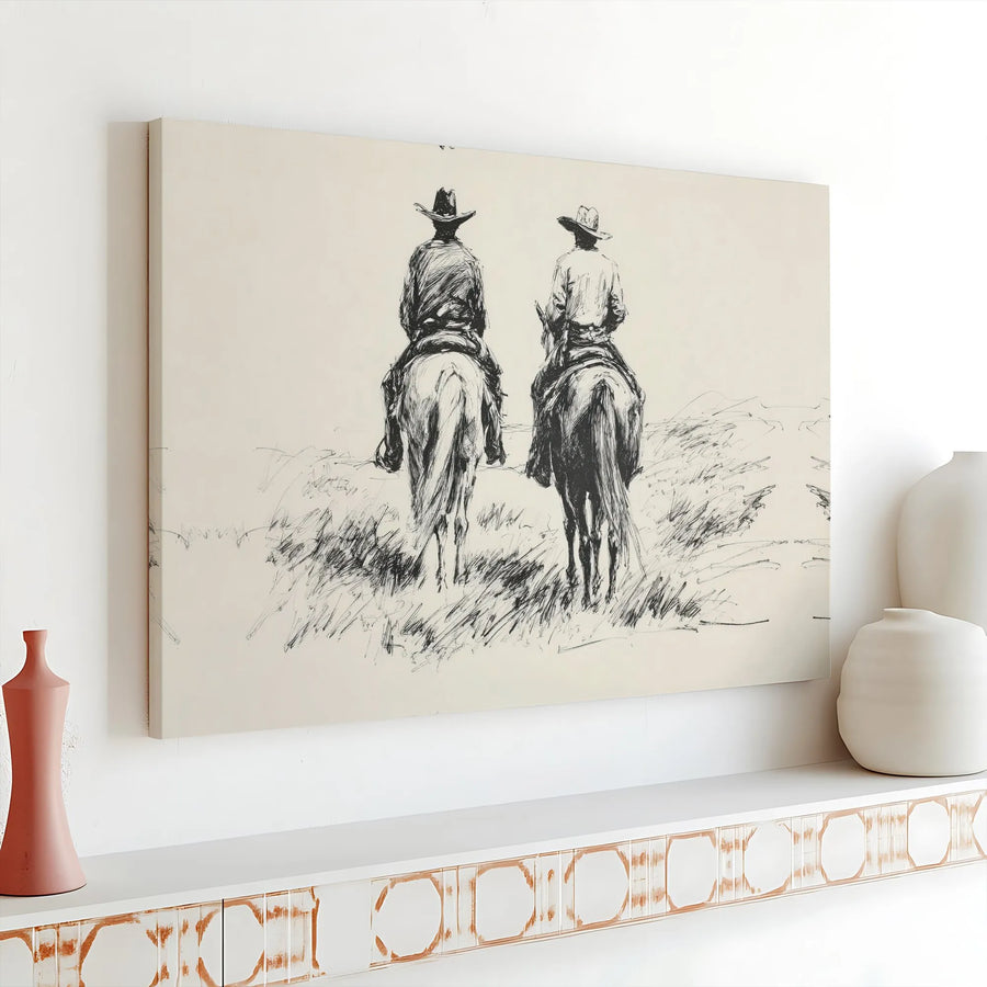 Western Cowboy Wall Art | Two Cowboys Riding Horses Sketch Print | Premium Gallery Wrapped Canvas | Rustic Home Decor Gift for Him