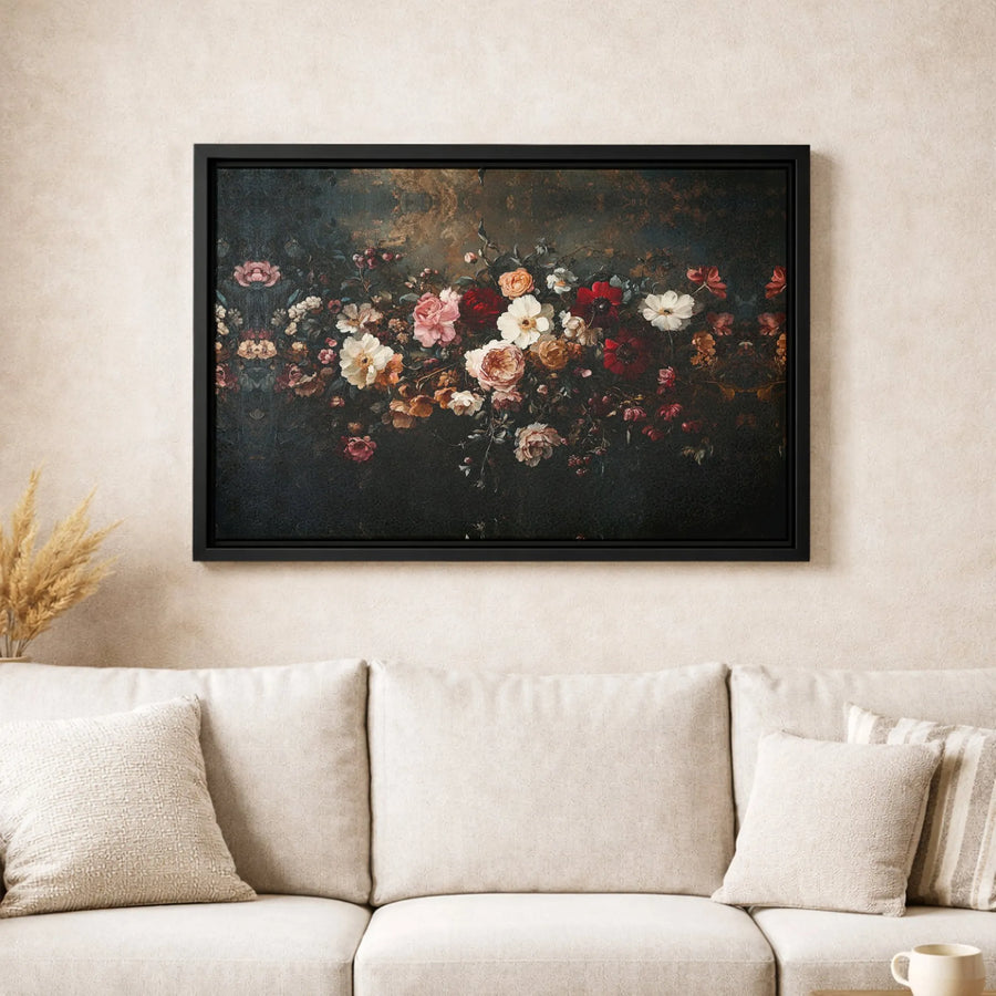 Vintage Dark Floral Wall Art | Moody Still Life Botanical Print | Premium Gallery Wrapped Canvas | Elegant Home Office Decor Gift