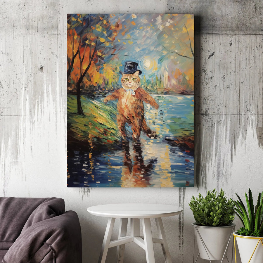 Cat in Top Hat Impressionist Canvas Print | Whimsical Animal Wall Art | 1.25 Inch Gallery Wrap | Unique Gift for Cat Lovers