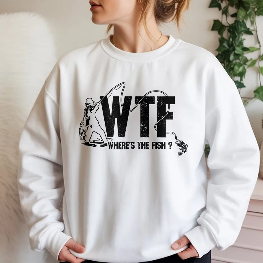 Fishing Sweatshirt | WTF Where’s The Fish Funny Angler Graphic | Premium Cotton Blend | Gift for Fishermen, Dad, Grandpa