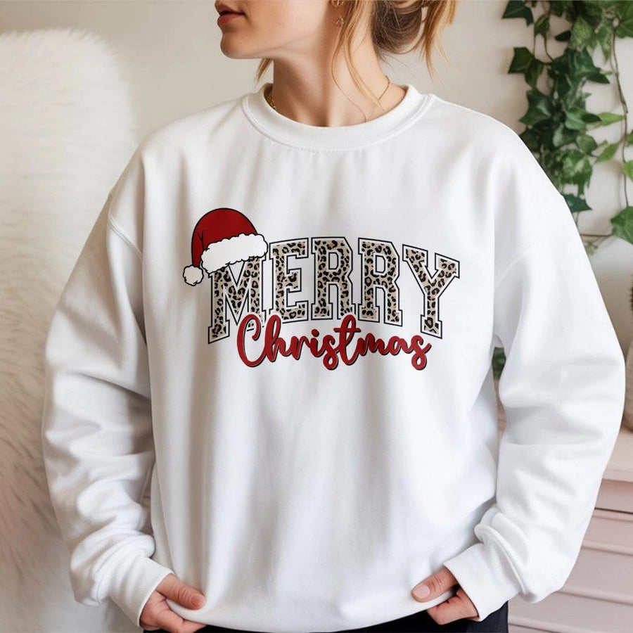 Merry Christmas Leopard Print Sweatshirt | Retro Festive Santa Hat Graphic | Premium Cotton Blend Cozy Holiday Apparel | Cute Christmas Gift For Her
