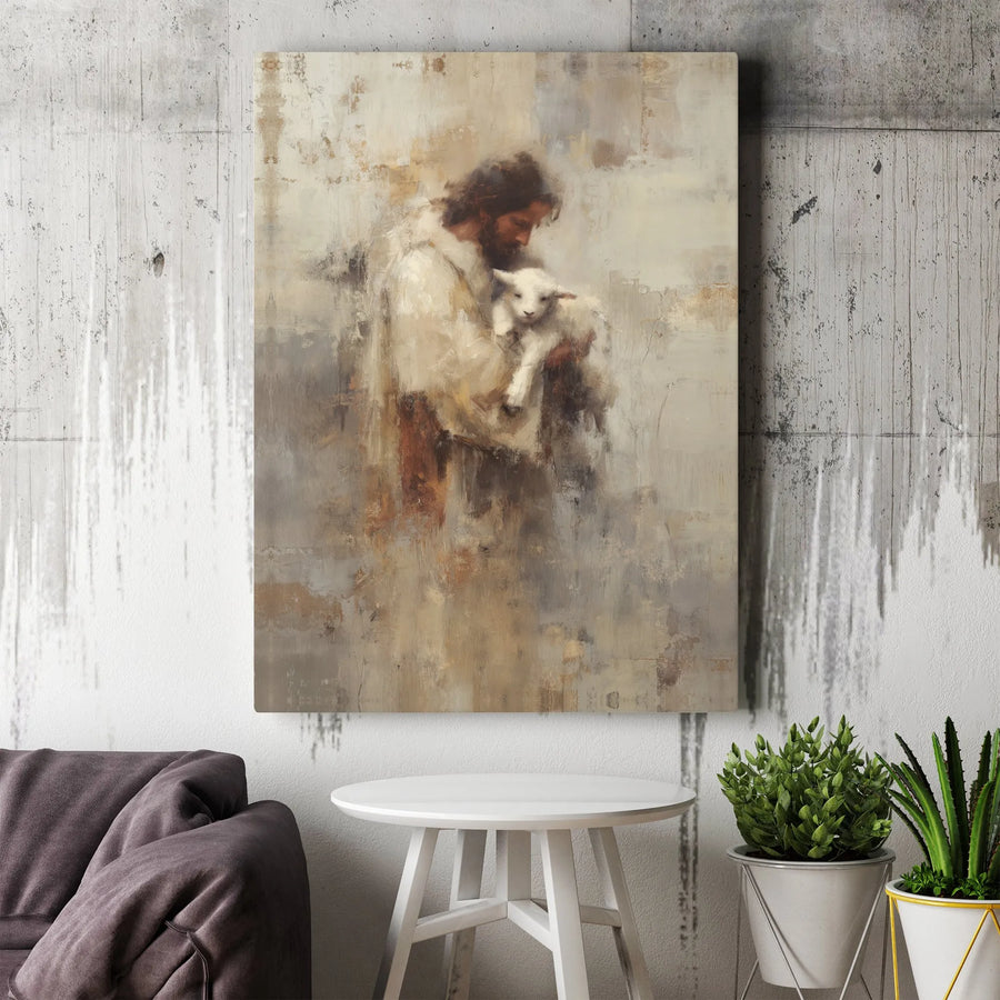 Jesus Holding A Lamb Canvas Wall Art | Abstract Religious Painting | Premium Gallery Wrap | Inspirational Christian Home Decor Gift