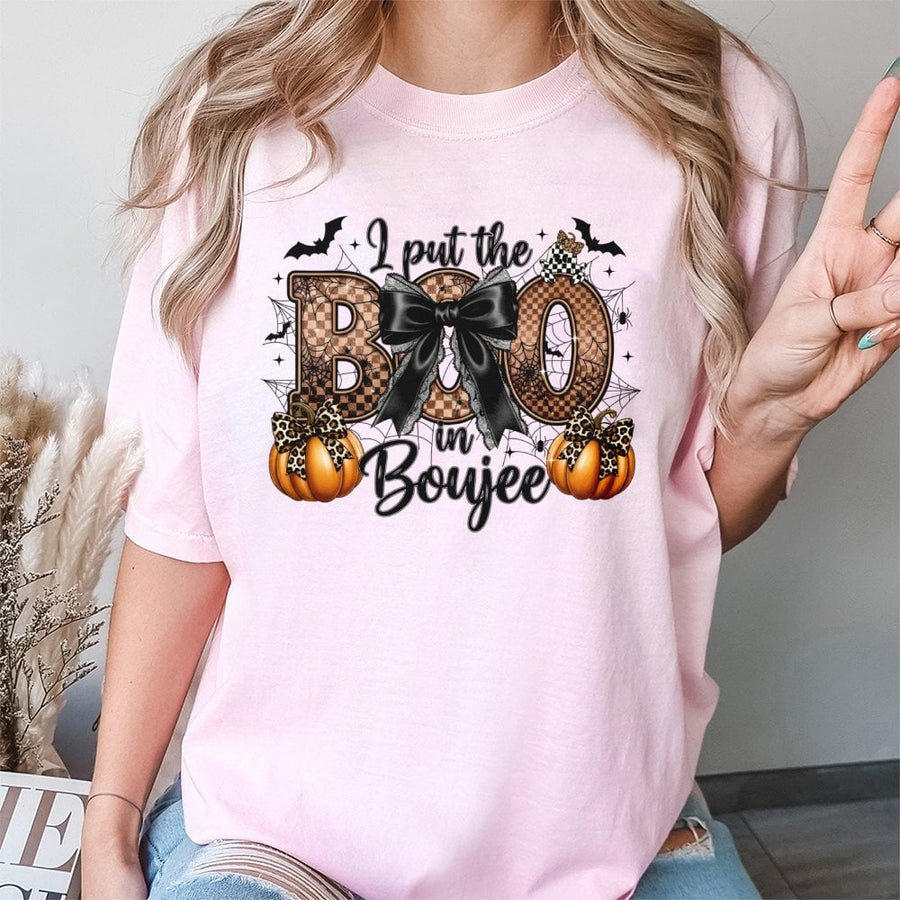 I Put The Boo In Boujee T-Shirt | Chic Leopard Pumpkin Halloween Graphic Tee | 100% Cotton Premium Gift | Stylish Trendy Fall Apparel For Women