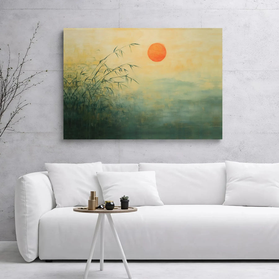 Japanese Bamboo Canvas Art | Red Sun Misty Mountain Landscape | Premium Gallery Wrapped Decor | Zen Wall Art for Home or Office