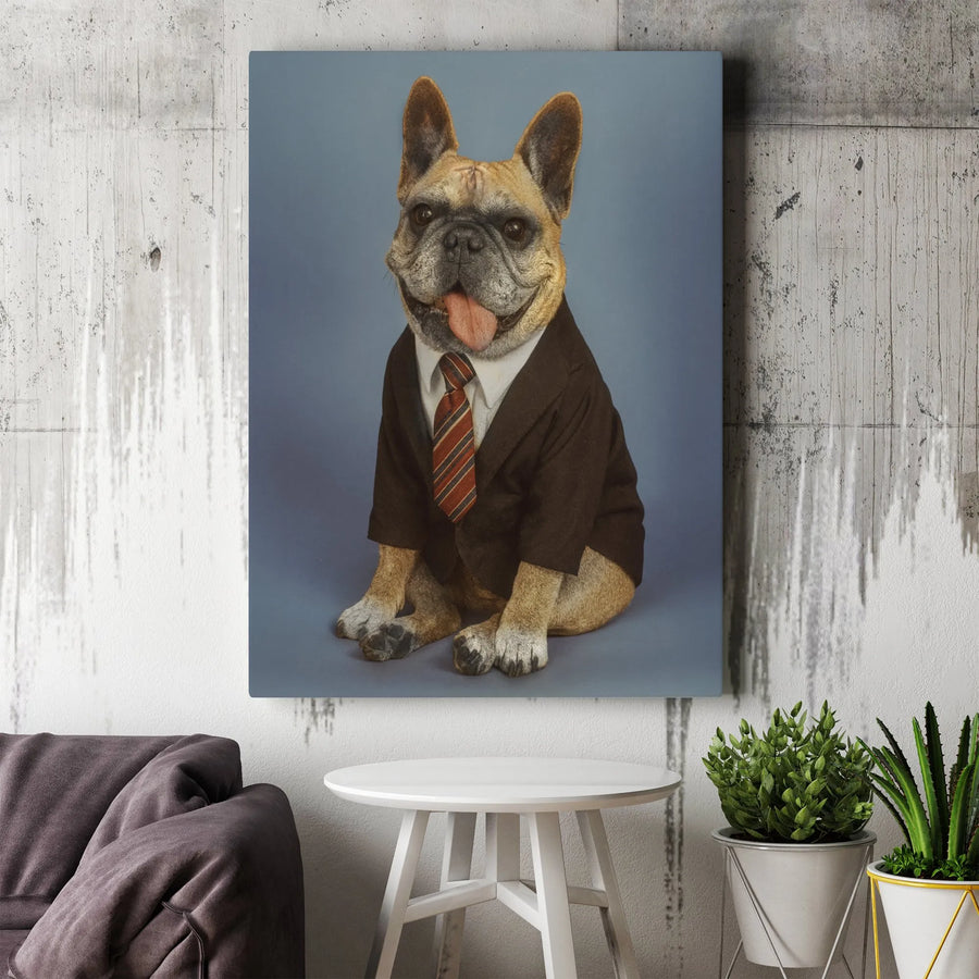 French Bulldog Office Wall Art | Business Dog in Suit Portrait | Premium Gallery Wrap Canvas | Funny Dog Lover Gift for Desk Decor