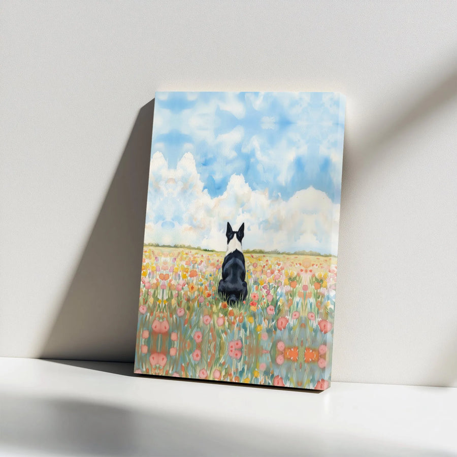 Boston Terrier Canvas Wall Art | Watercolor Dog in Flower Meadow | Premium Gallery Wrap Print | Gift for Dog Lover, Modern Pet Decor