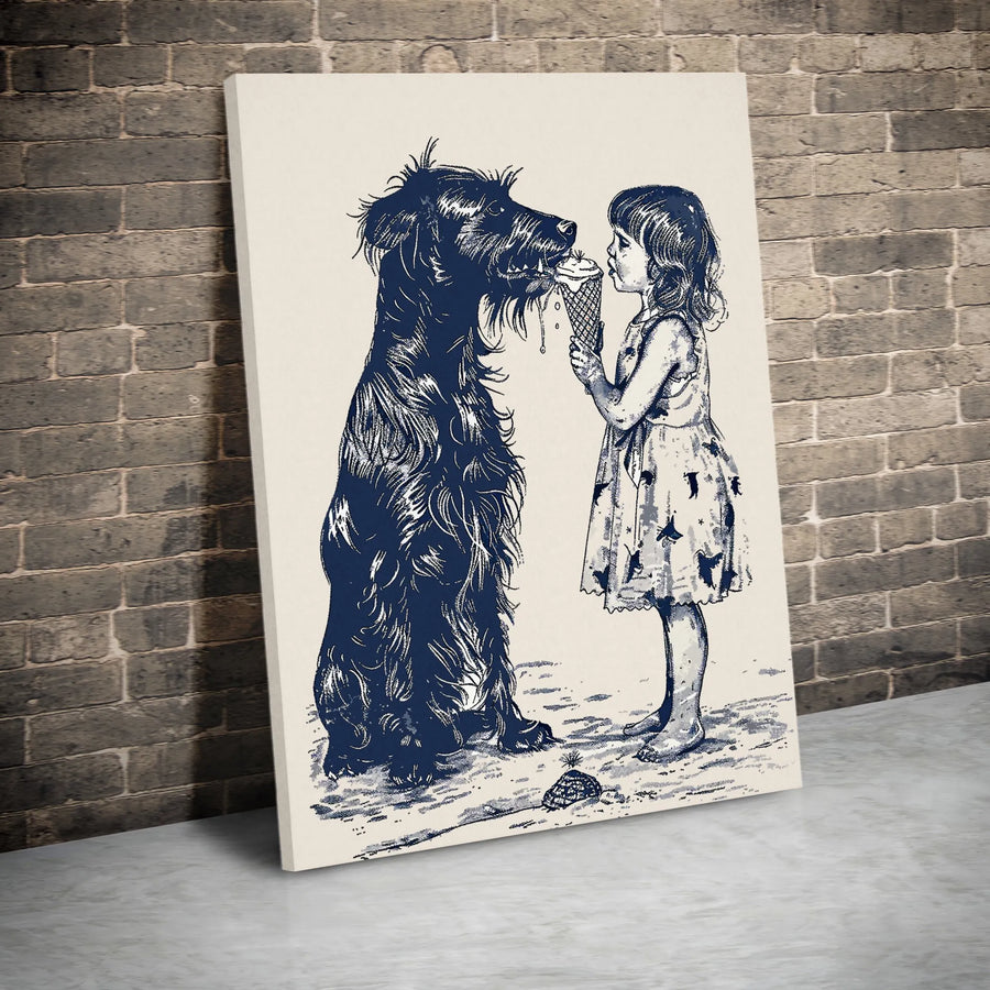 Girl And Dog Ice Cream Canvas Print | Vintage Sketch Illustration | Premium 1.25 Inch Gallery Wrap | Heartwarming Wall Art Gift