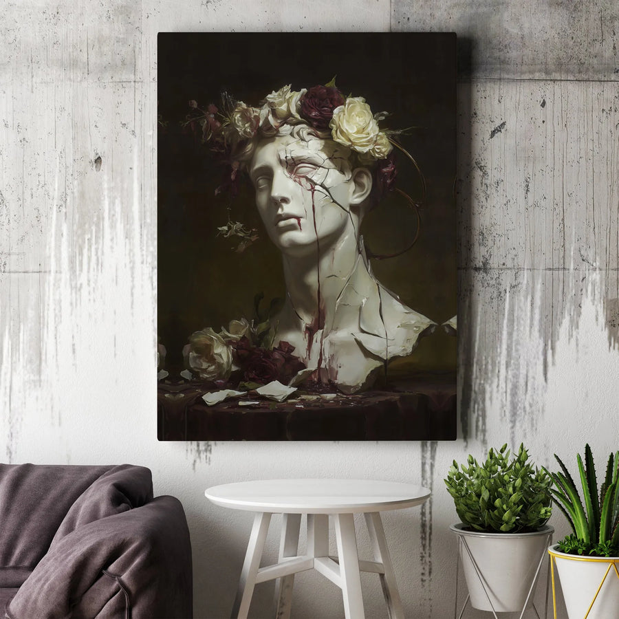 Dark Academia Canvas Print | Cracked Roman Statue with Roses | Premium Gallery Wrapped Canvas | Gothic Home Decor Collector's Gift