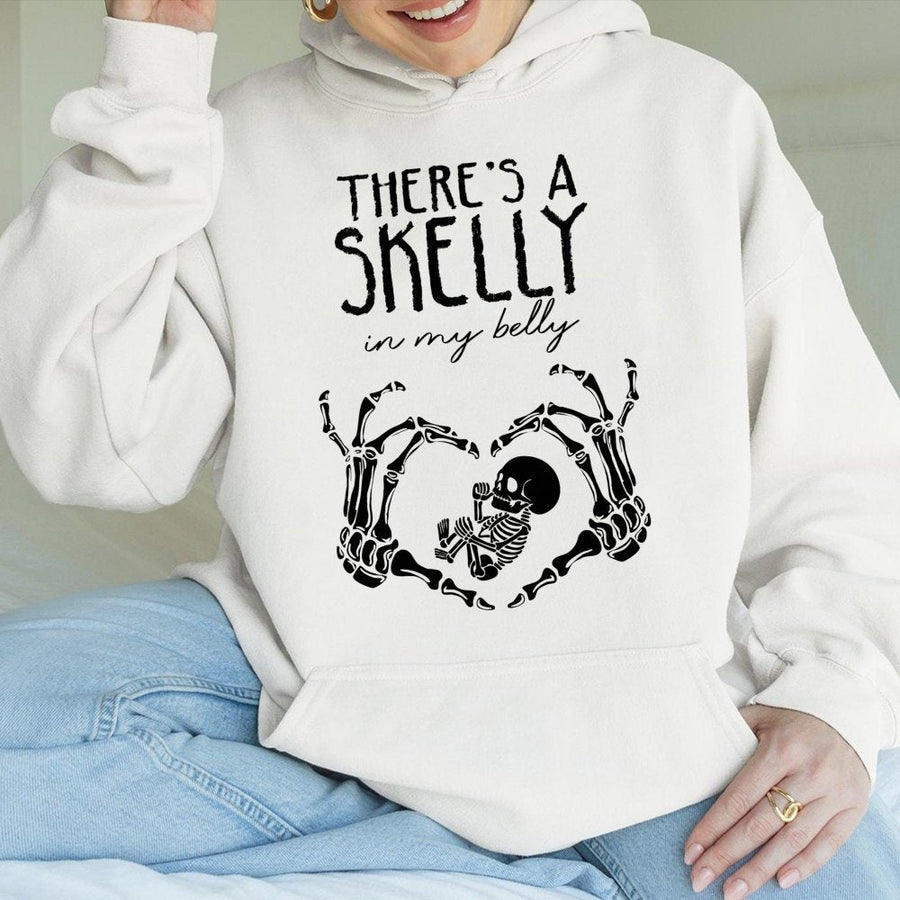 Skelly In My Belly Hoodie | Funny Halloween Maternity Sweatshirt | Premium Cotton-Poly Blend | Cute Pregnancy Announcement Gift for Mom-to-Be