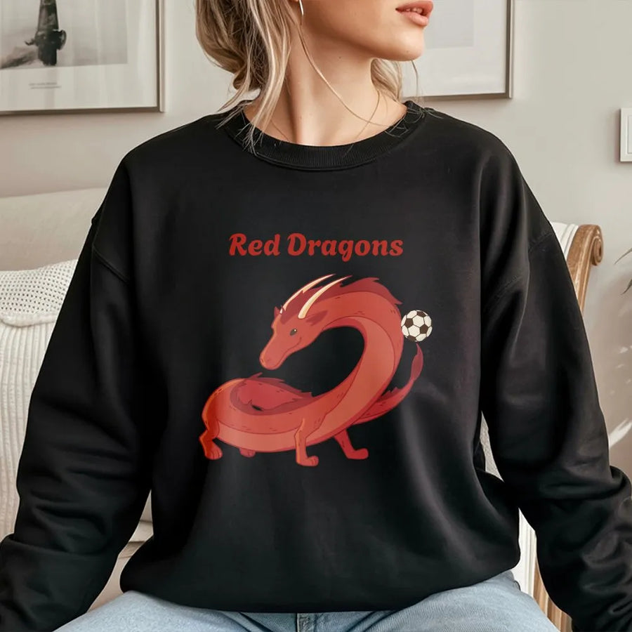Red Dragons Soccer Sweatshirt | Cartoon Team Mascot Graphic | Premium Cotton Blend | Gift for Football Player and Coach