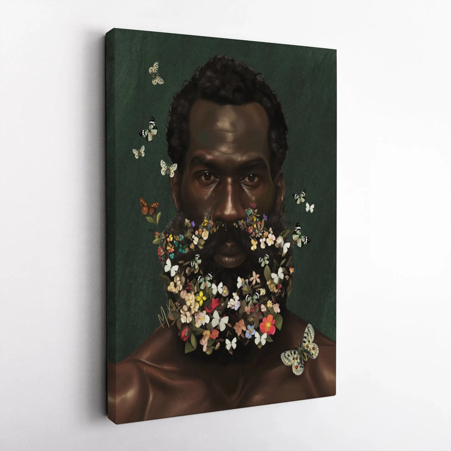 Black Man Portrait Canvas Wall Art | Surreal Floral Butterfly Beard | Premium Gallery Wrap Print | Afrocentric Home Decor Gift