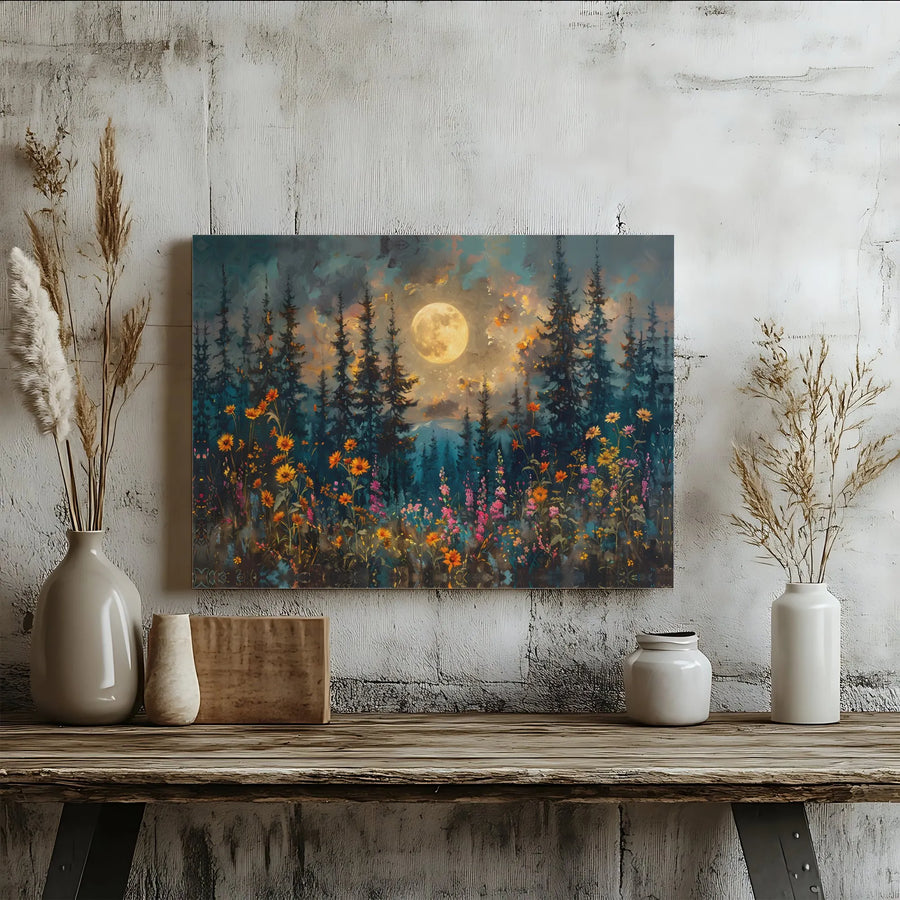 Enchanted Forest Canvas Wall Art | Wildflowers and Full Moon Print | 1.25-Inch Gallery Wrap Frame | Nature Home Decor Gift