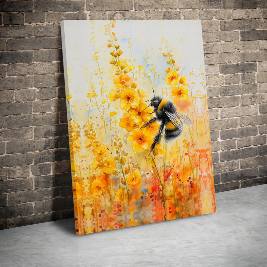 Watercolor Bumblebee Canvas Art | Yellow Floral Meadow Wall Decor | Premium 1.25-Inch Gallery Wrap | Nature-Inspired Home Office Gift