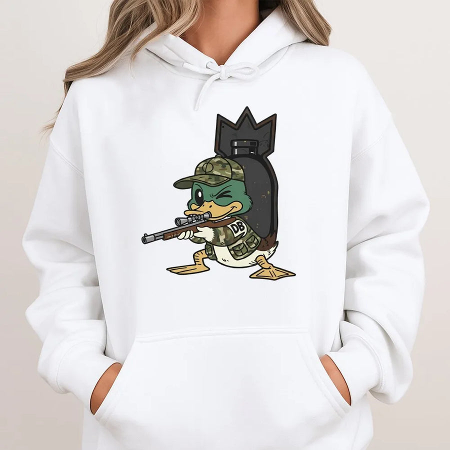 Duck Hunting Hoodie | Camo Sniper Duck Cartoon Graphic | Premium Cotton Blend | Gift for Waterfowl Hunters and Outdoor Enthusiasts