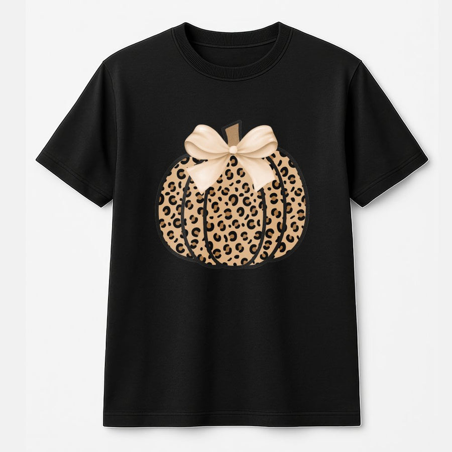 Leopard Print Pumpkin T-Shirt | Coquette Aesthetic Fall Bow Graphic | 100% Cotton Premium Tee | Cute Autumn Outfit Gift for Her