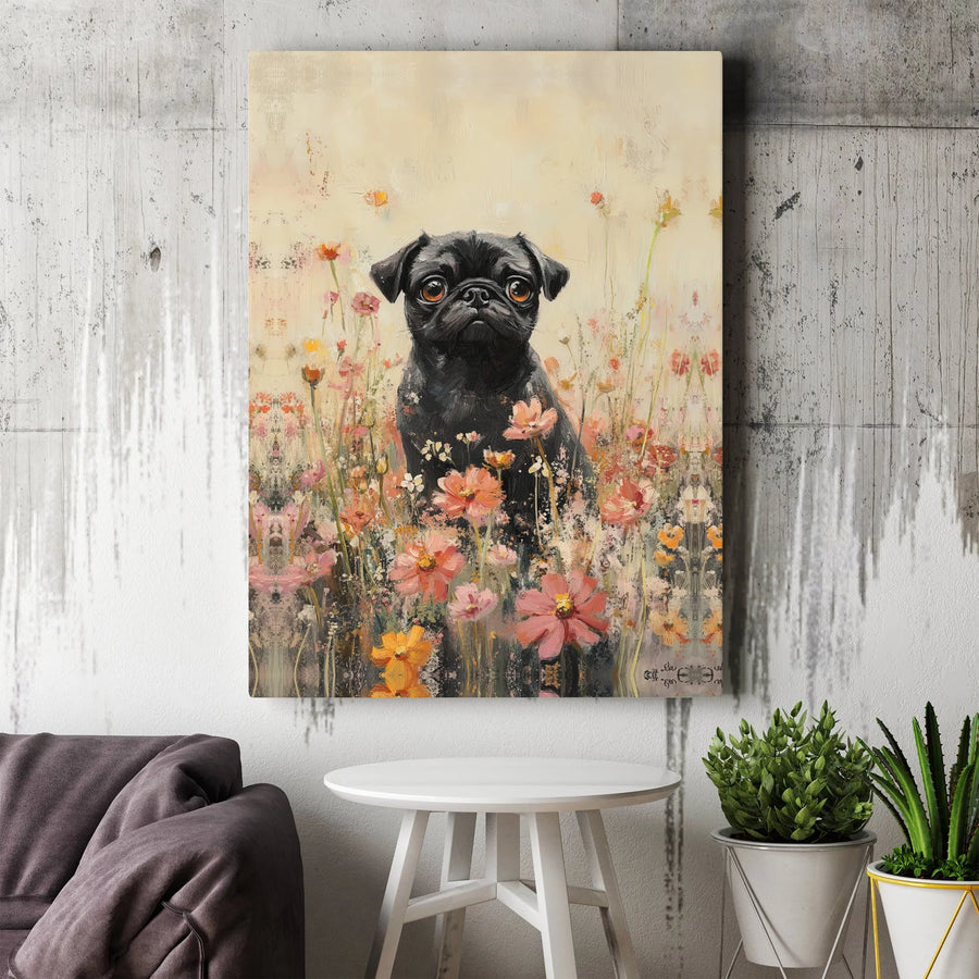 Black Pug Wall Art | Impressionist Wildflower Oil Painting Print | Premium Gallery Wrapped Canvas | Dog Lover Gift & Home Decor