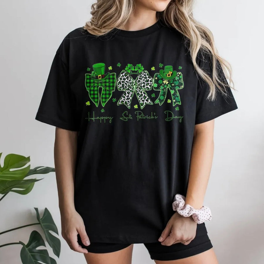 St. Patrick's Day Coquette Bow T-Shirt | Trendy Shamrock Clover Graphic | 100% Cotton Premium Comfort | Lucky Irish Gift for Women and Girls