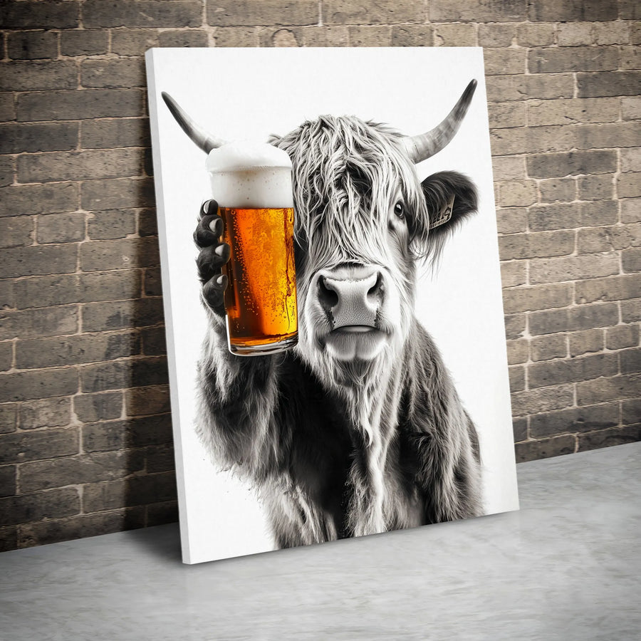 Highland Cow Wall Art | Funny Beer Toasting Portrait | Premium Gallery-Wrapped Canvas | Man Cave Home Decor Gift for Beer Lovers