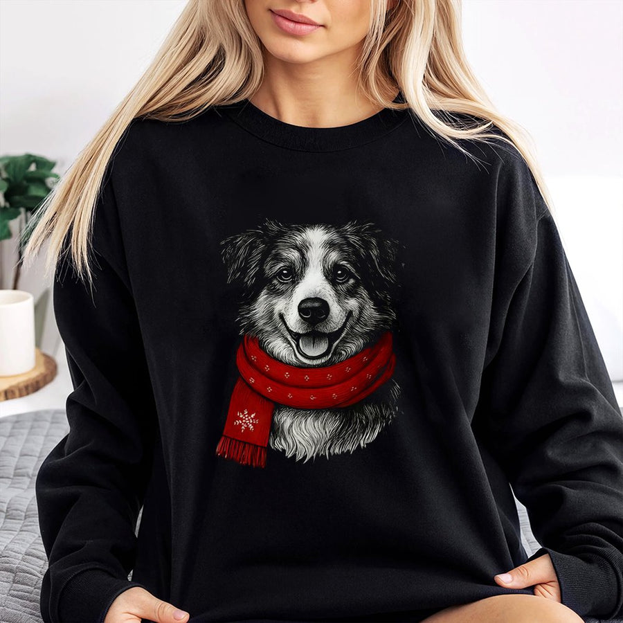 Border Collie Christmas Sweatshirt | Cute Dog In Red Scarf Graphic | Premium Cotton Blend Crewneck | Holiday Gift For Dog Lovers