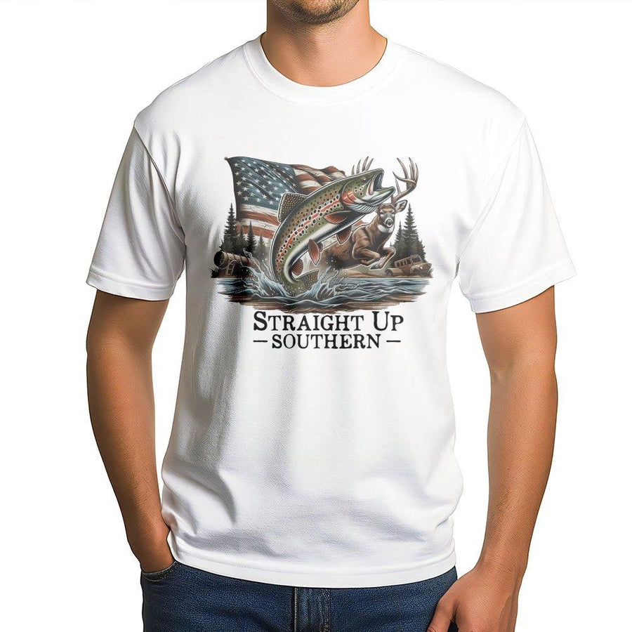 Hunting and Fishing T-Shirt | Patriotic Deer Trout USA Flag Graphic | Premium Cotton Unisex Tee | Country Style Gift for Outdoorsmen