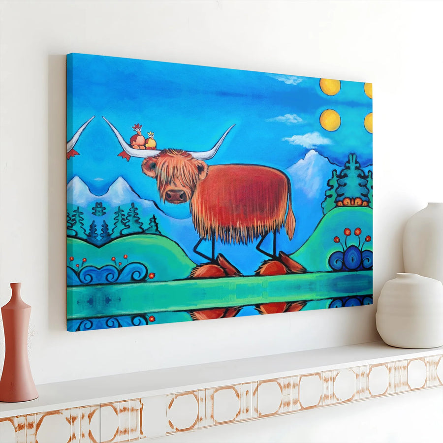 Highland Cow Canvas Wall Art | Whimsical Scottish Cow Folk Art Print | Premium Fade-Resistant Canvas | Colorful Nursery & Living Room Decor Gift