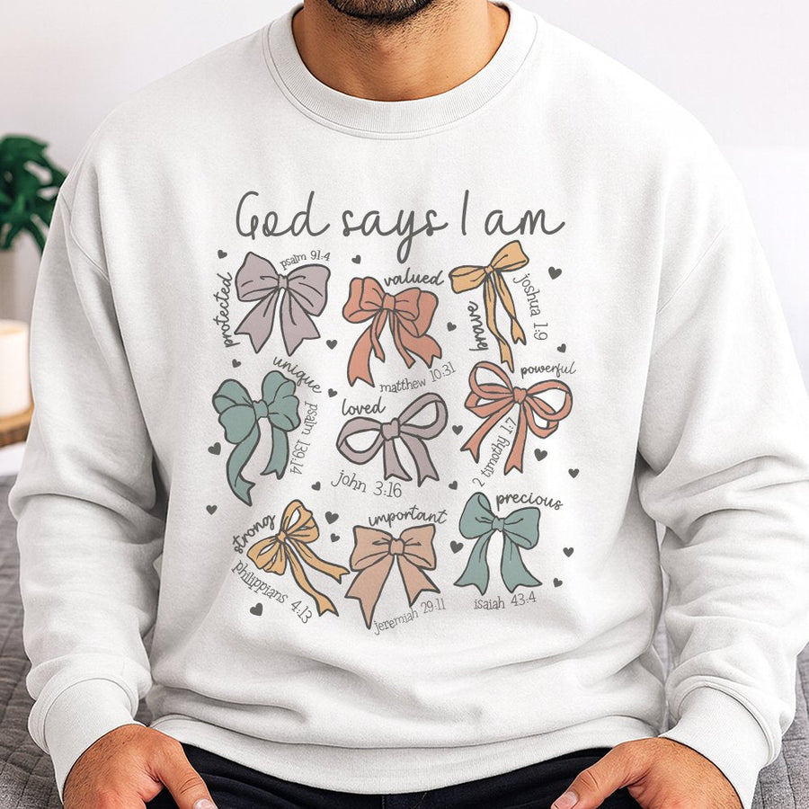 God Says I Am Loved Sweatshirt | Aesthetic Bow Bible Verse Design | Premium Cotton Blend | Christian Faith Gift For Her And Teens