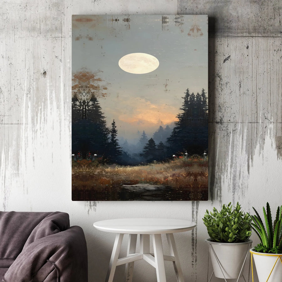 Misty Forest Landscape Canvas | Full Moon Forest Meadow Wall Art | Gallery Wrapped Premium Print | Nature Inspired Home Decor Gift
